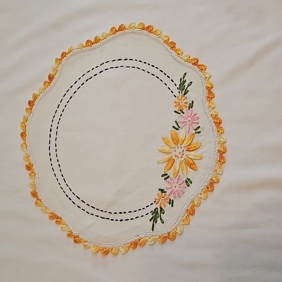 Hand Crafted Needlepoint Doily Circular Set-5 Botanical yellow floral farmhouse - Picture 17 of 17